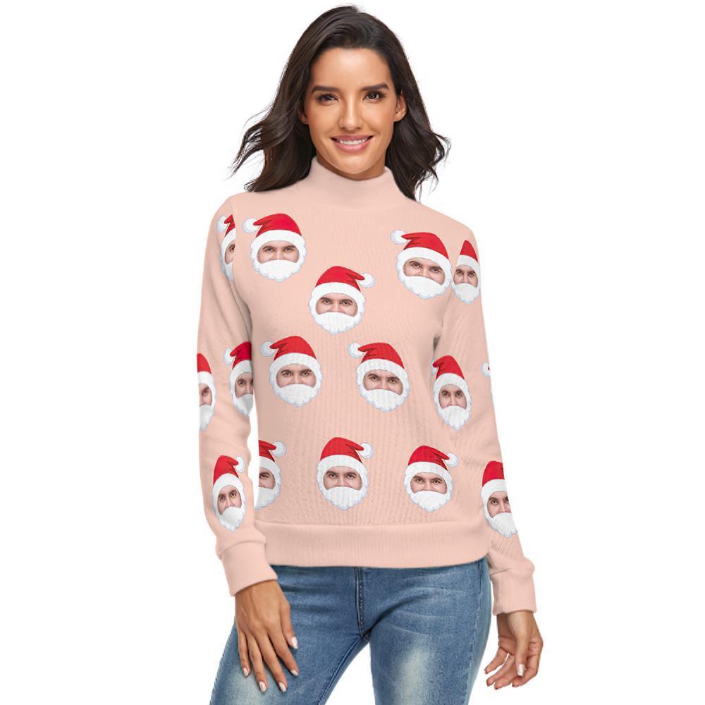 Custom Face Turtleneck for Women Ugly Christmas Sweater Knitted Loose Pullovers - Santa Claus - MyFaceSocksAu