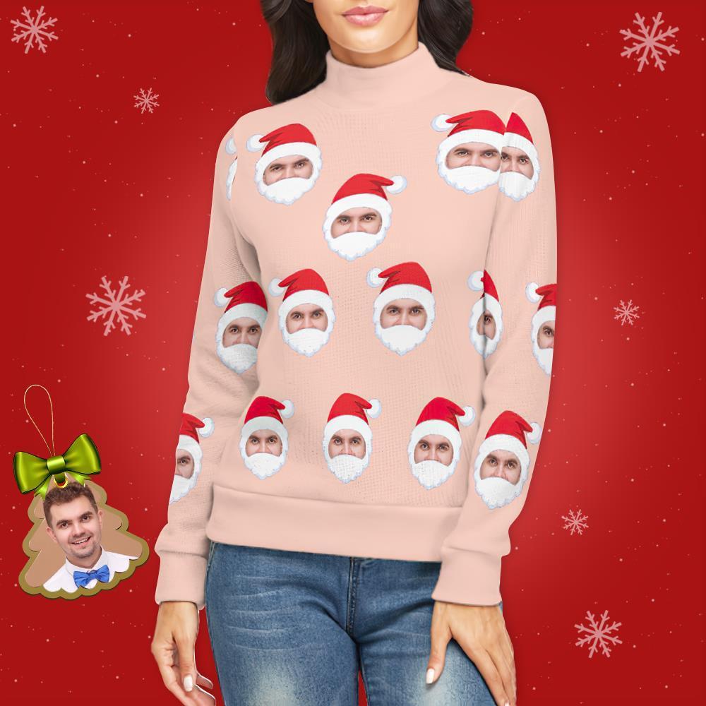 Custom Face Turtleneck for Women Ugly Christmas Sweater Knitted Loose Pullovers - Santa Claus - MyFaceSocksAu