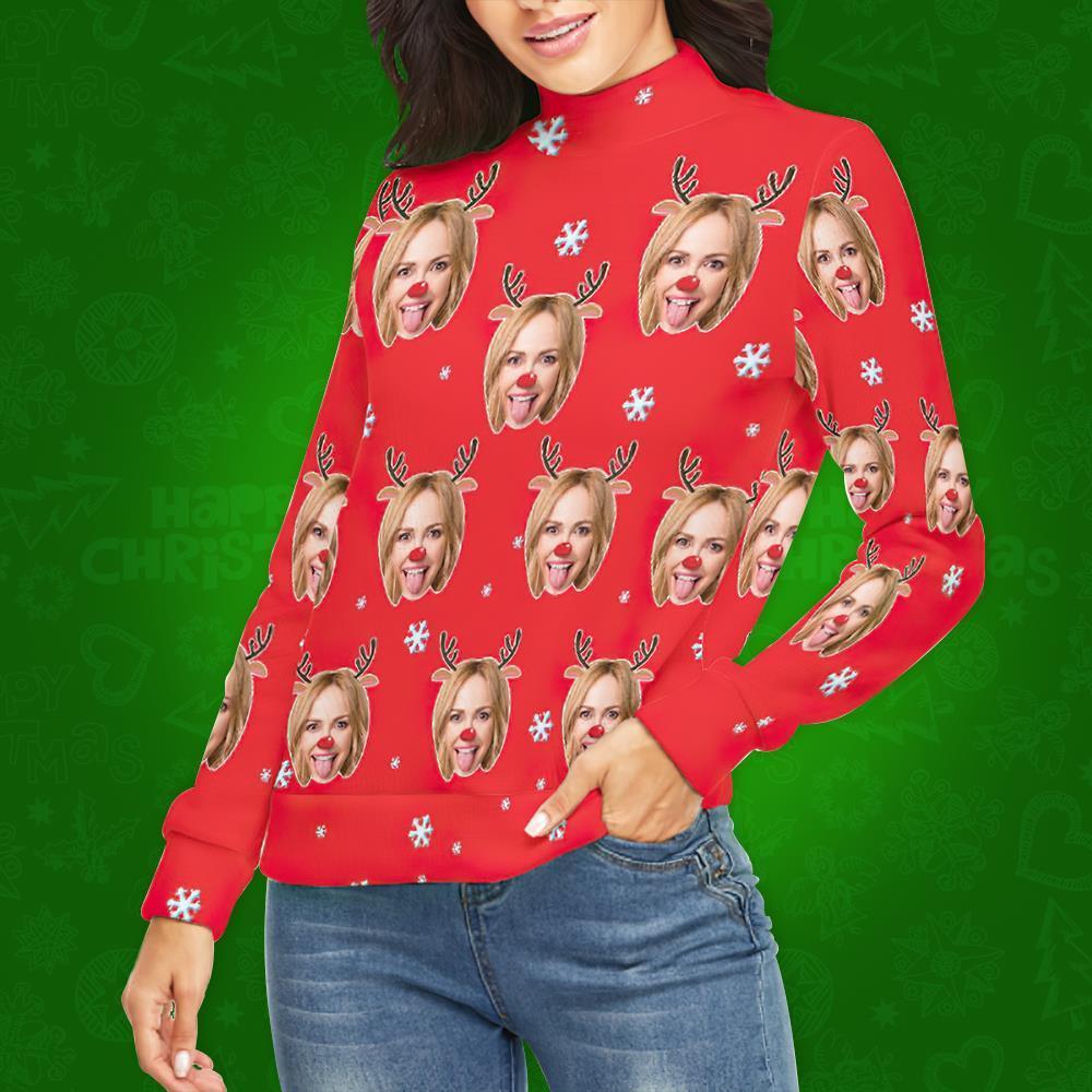 Custom Face Turtleneck for Women Ugly Christmas Sweater Knitted Loose Pullovers - Reindeer - MyFaceSocksAu