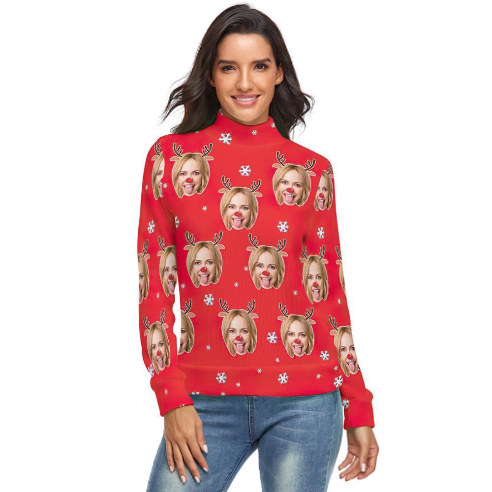 Custom Face Turtleneck for Women Ugly Christmas Sweater Knitted Loose Pullovers - Reindeer - MyFaceSocksAu