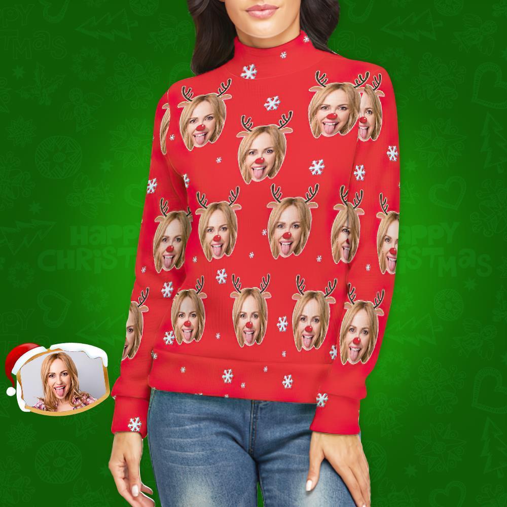 Custom Face Turtleneck for Women Ugly Christmas Sweater Knitted Loose Pullovers - Reindeer - MyFaceSocksAu