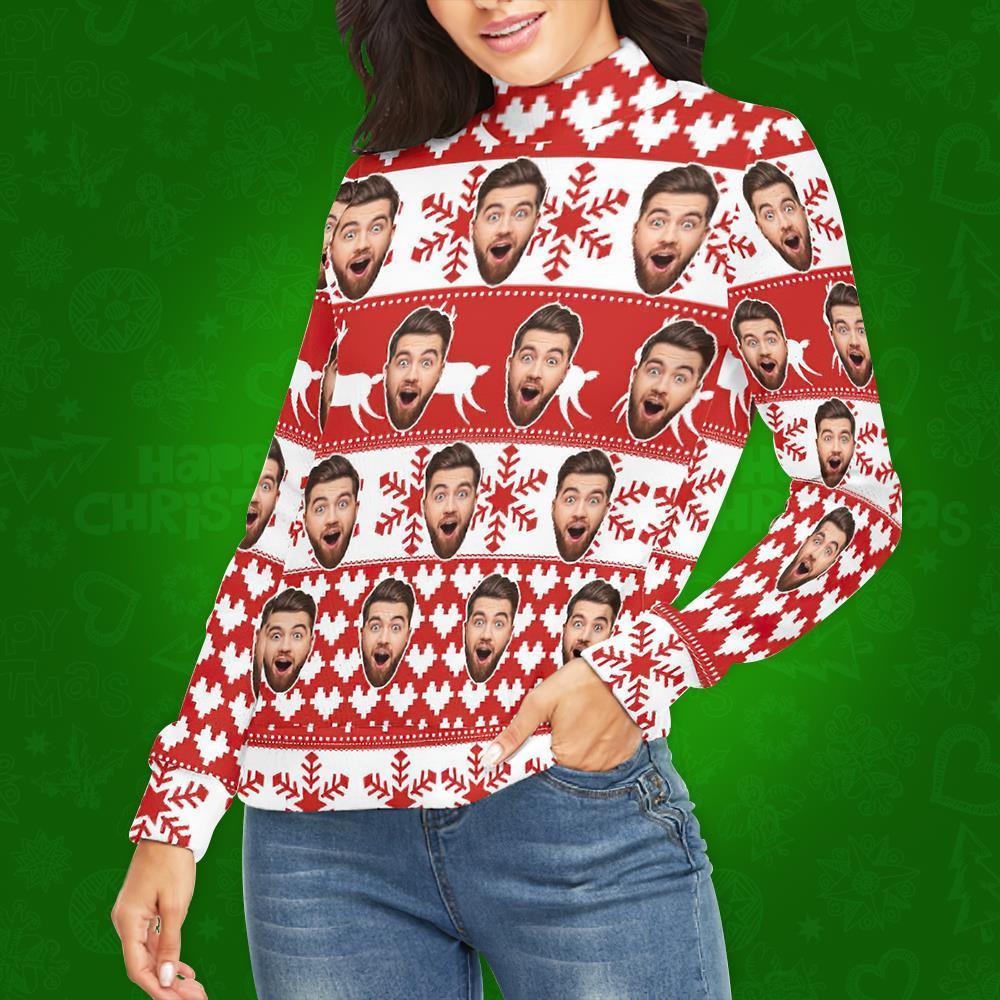 Custom Face Turtleneck for Women Ugly Christmas Sweater Knitted Loose Pullovers - Classic Pattern - MyFaceSocksAu