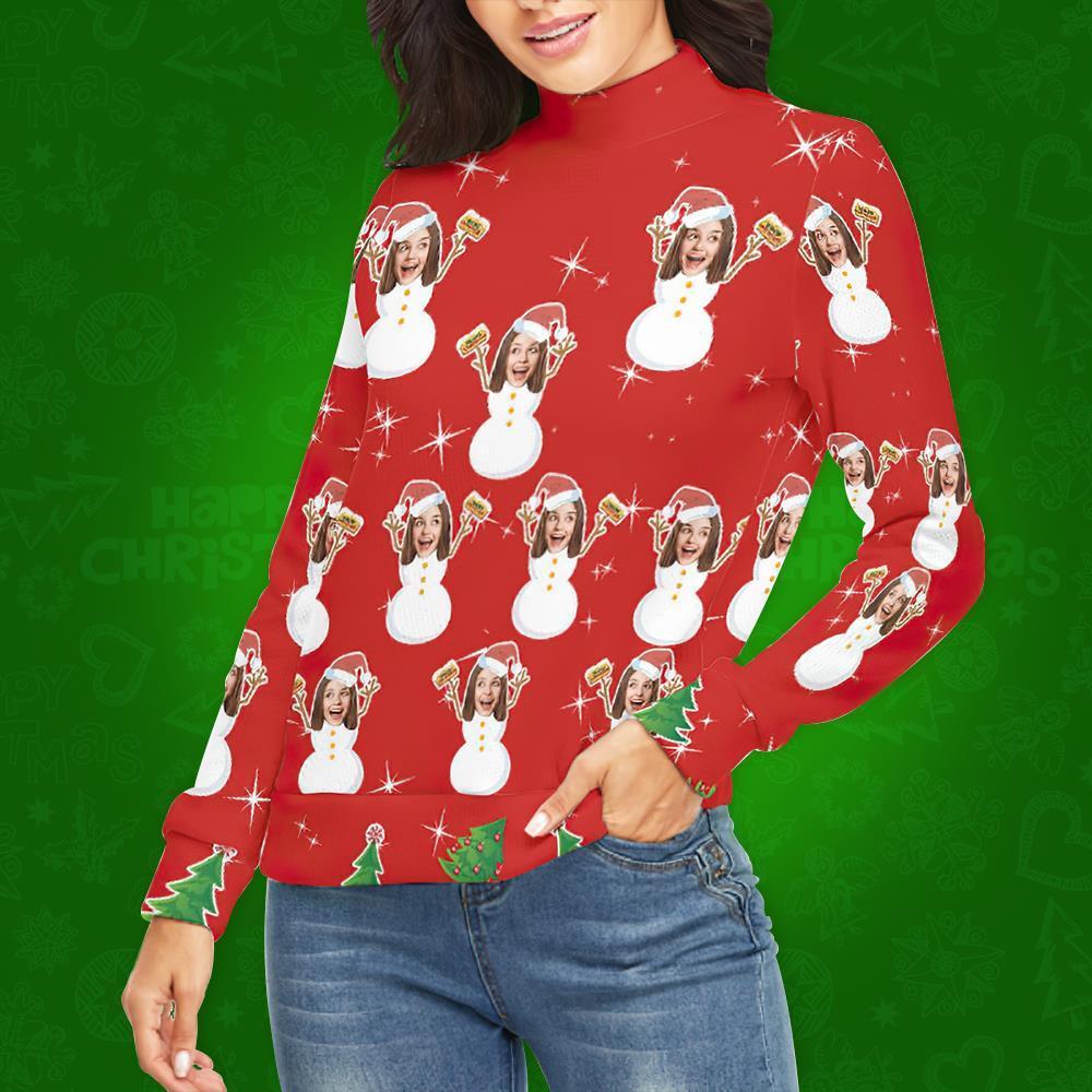 Custom Face Turtleneck for Women Ugly Christmas Sweater Knitted Loose Pullovers - Snow Girl - MyFaceSocksAu