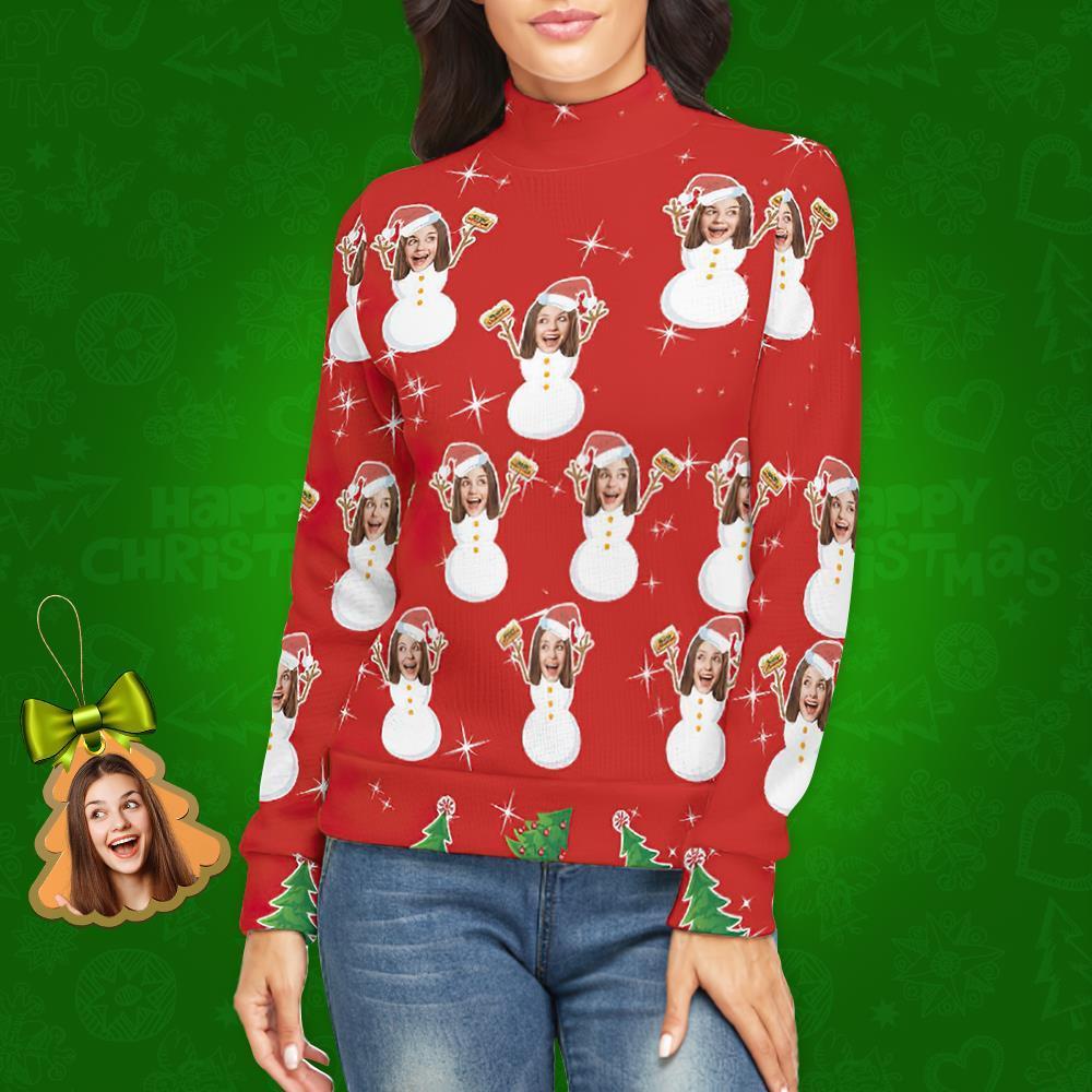 Custom Face Turtleneck for Women Ugly Christmas Sweater Knitted Loose Pullovers - Snow Girl - MyFaceSocksAu