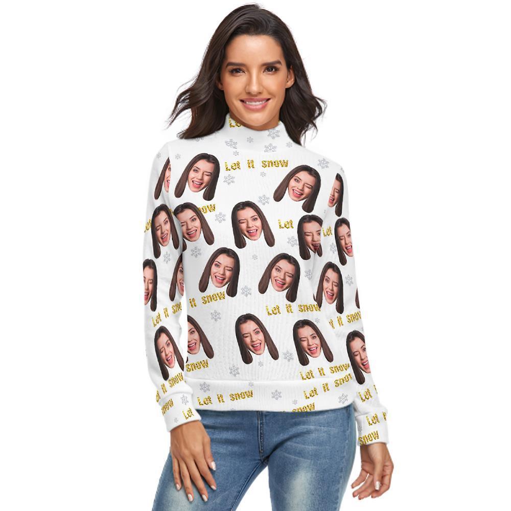 Custom Face Turtleneck for Women Ugly Christmas Sweater Knitted Loose Pullovers - Let it Snow - MyFaceSocksAu