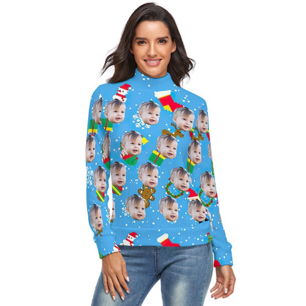 Custom Face Turtleneck for Women Ugly Christmas Sweater Knitted Loose Pullovers - Ice Blue - MyFaceSocksAu