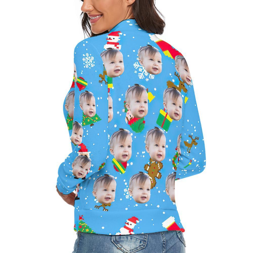 Custom Face Turtleneck for Women Ugly Christmas Sweater Knitted Loose Pullovers - Ice Blue - MyFaceSocksAu