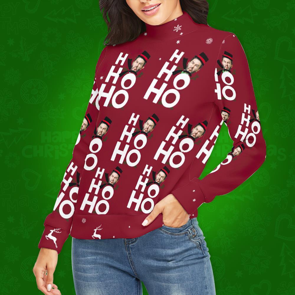 Custom Face Turtleneck for Women Ugly Christmas Sweater Knitted Loose Pullovers - Ho Ho Ho - MyFaceSocksAu