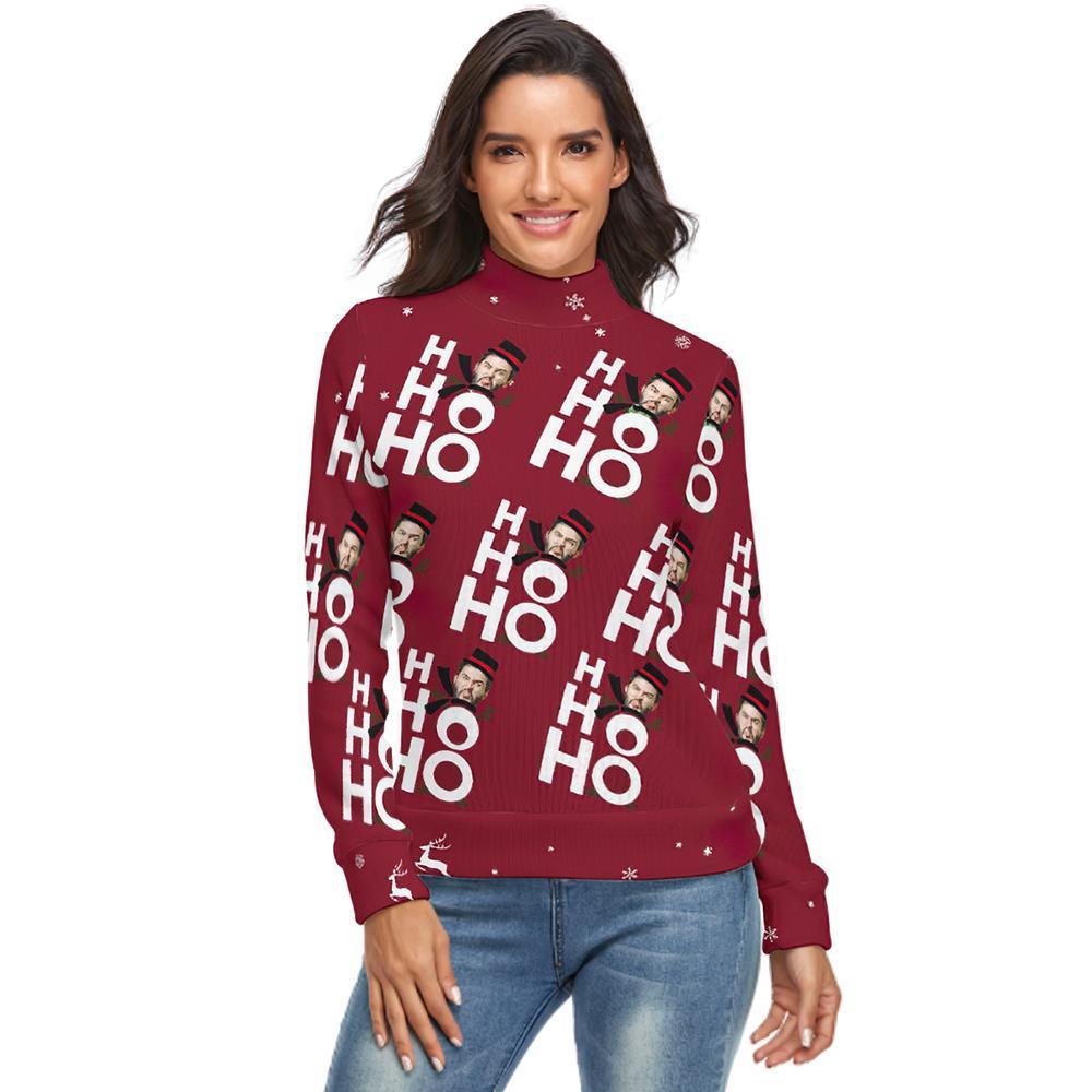 Custom Face Turtleneck for Women Ugly Christmas Sweater Knitted Loose Pullovers - Ho Ho Ho - MyFaceSocksAu