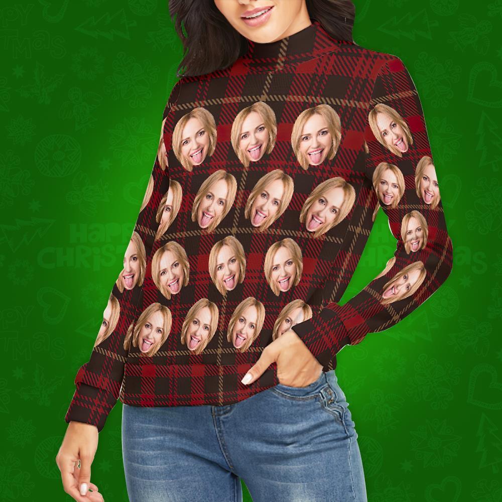 Custom Face Turtleneck for Women Ugly Christmas Sweater Knitted Loose Pullovers - Classic Red Plaid - MyFaceSocksAu