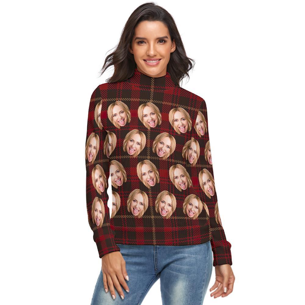 Custom Face Turtleneck for Women Ugly Christmas Sweater Knitted Loose Pullovers - Classic Red Plaid - MyFaceSocksAu