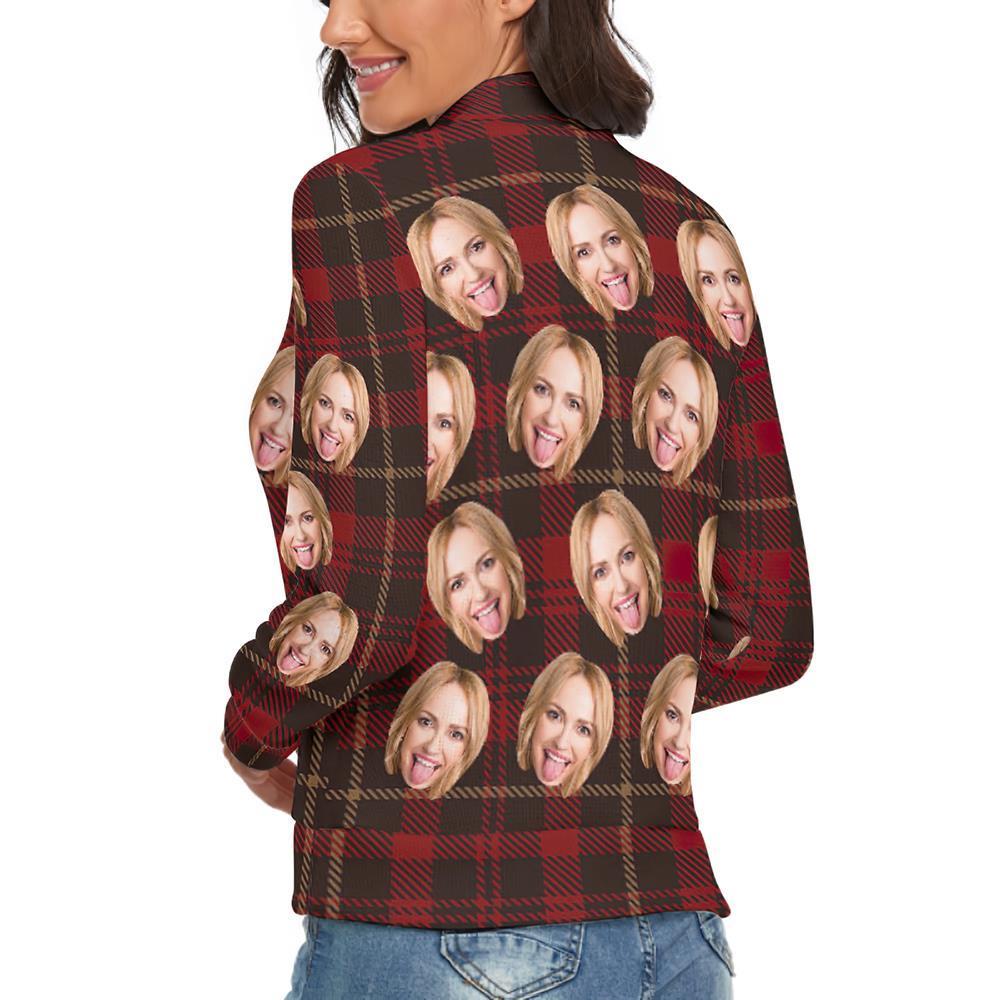 Custom Face Turtleneck for Women Ugly Christmas Sweater Knitted Loose Pullovers - Classic Red Plaid - MyFaceSocksAu