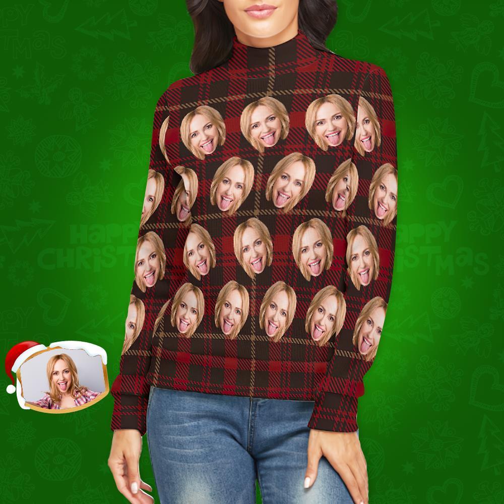 Custom Face Turtleneck for Women Ugly Christmas Sweater Knitted Loose Pullovers - Classic Red Plaid - MyFaceSocksAu