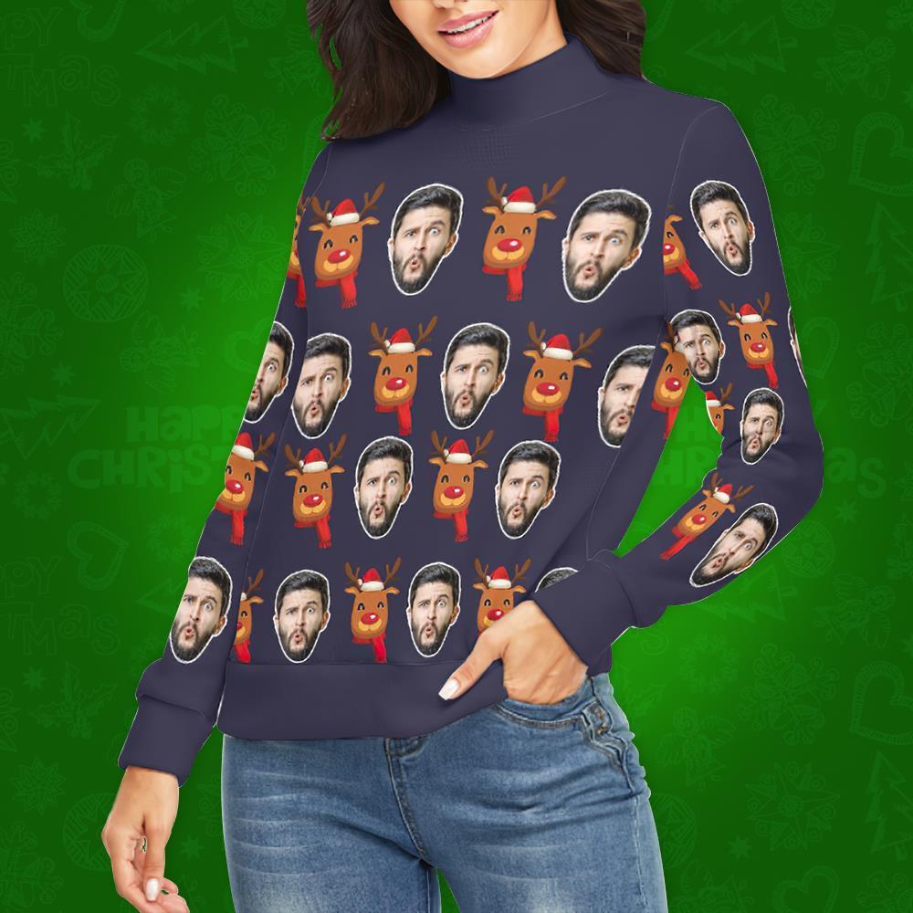 Custom Face Turtleneck for Women Ugly Christmas Sweater Knitted Loose Pullovers - Christmas Rudolph - MyFaceSocksAu