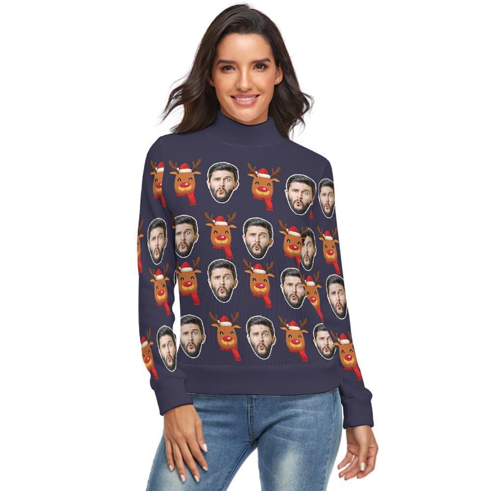 Custom Face Turtleneck for Women Ugly Christmas Sweater Knitted Loose Pullovers - Christmas Rudolph - MyFaceSocksAu