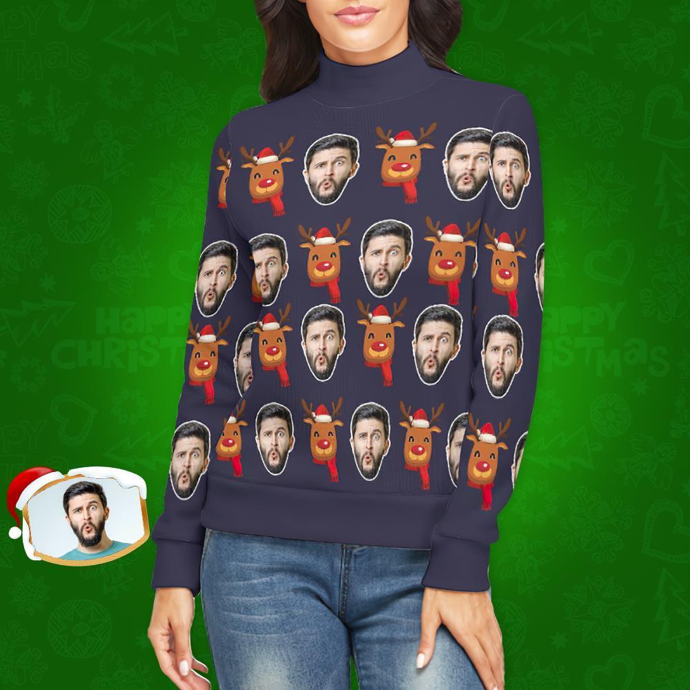 Custom Face Turtleneck for Women Ugly Christmas Sweater Knitted Loose Pullovers - Christmas Rudolph - MyFaceSocksAu
