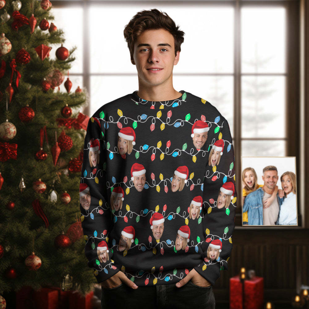 Custom Face Men's Round Neck Sweater Photo Christmas Family Xmas Leds Sweaters - MyFaceSocksAu