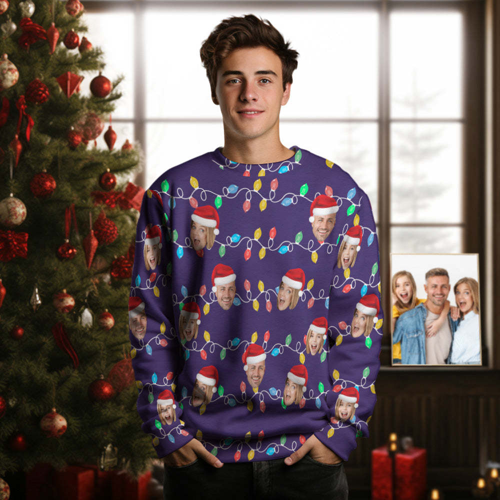 Custom Face Men's Round Neck Sweater Photo Christmas Family Xmas Leds Sweaters - MyFaceSocksAu