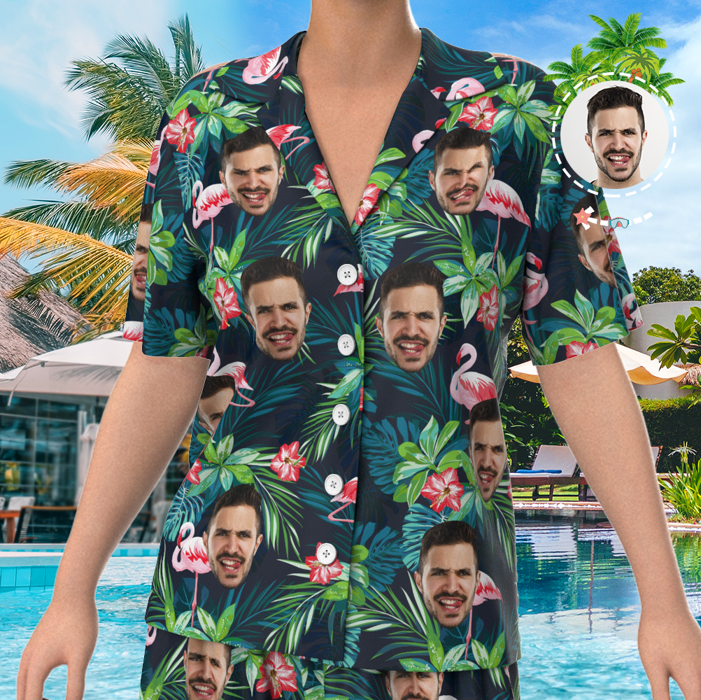 Custom Face On Pajamas Set, Short Sleeve Sleepwear, Button-Down Nightwear - Leaves & Flamingo - MyFaceSocksAu