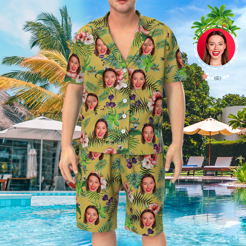 Custom Face On Pajamas Set, Short Sleeve Sleepwear, Button-Down Nightwear - Yellow - MyFaceSocksAu