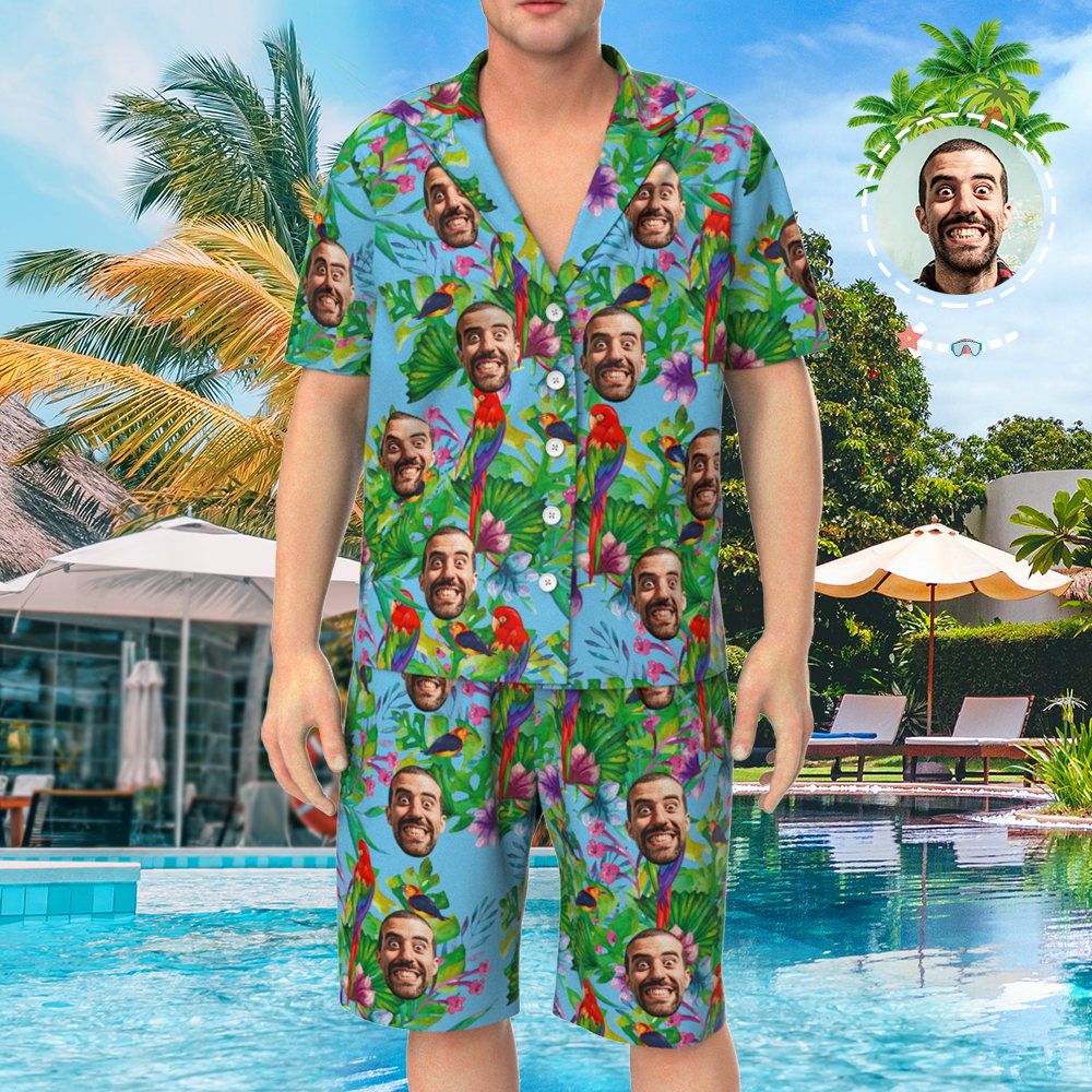 Custom Face On Pajamas Set, Short Sleeve Sleepwear, Button-Down Nightwear - Parrot - MyFaceSocksAu