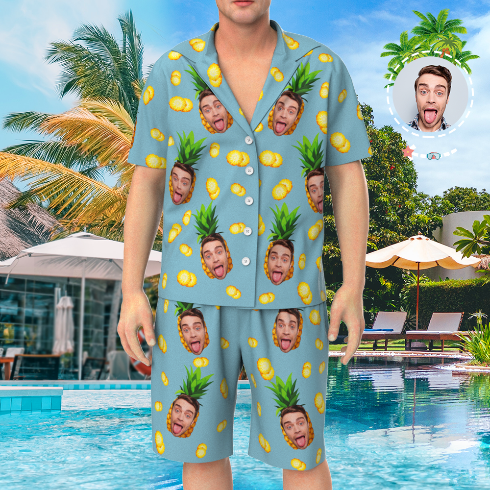 Custom Face On Pajamas Set, Short Sleeve Sleepwear, Button-Down Nightwear - Pineapple - MyFaceSocksAu