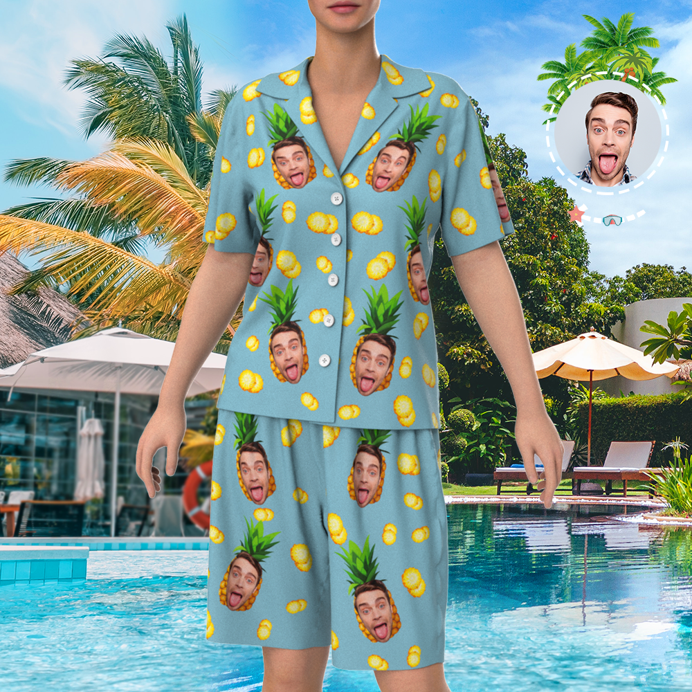 Custom Face On Pajamas Set, Short Sleeve Sleepwear, Button-Down Nightwear - Pineapple - MyFaceSocksAu