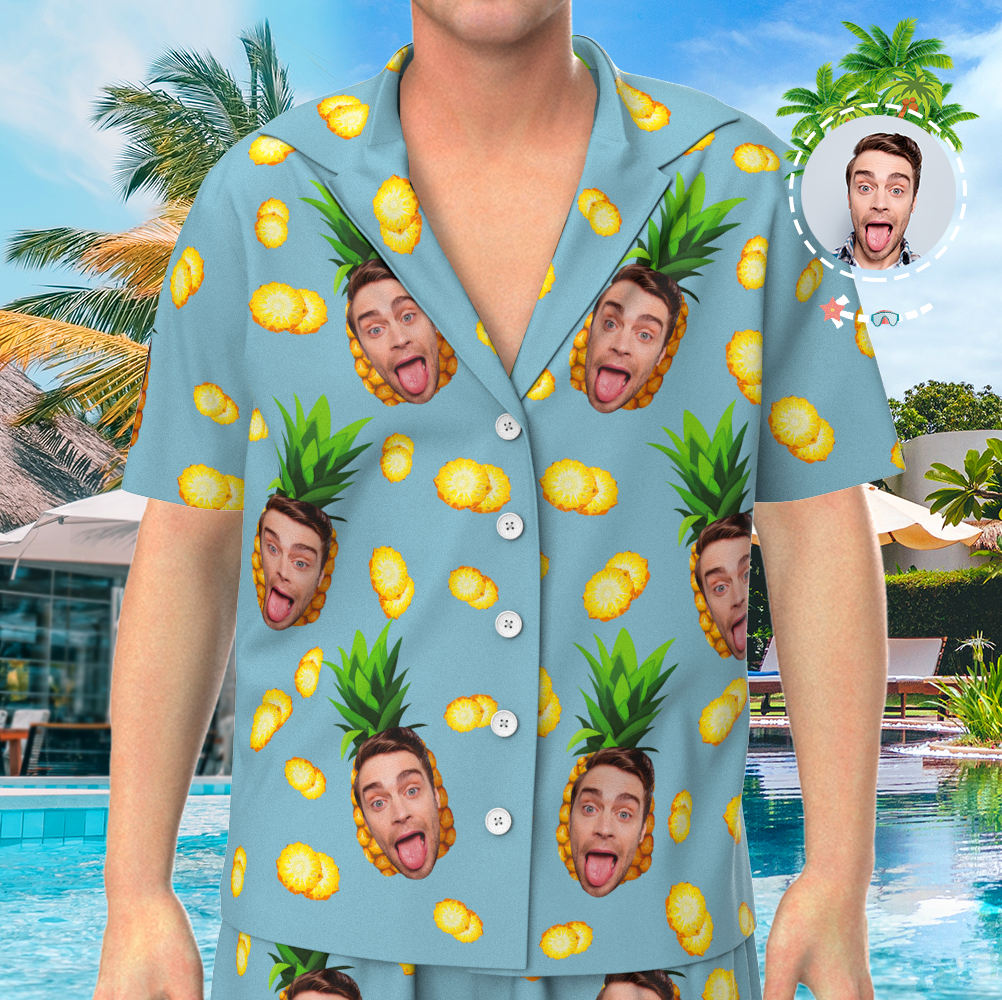 Custom Face On Pajamas Set, Short Sleeve Sleepwear, Button-Down Nightwear - Pineapple - MyFaceSocksAu