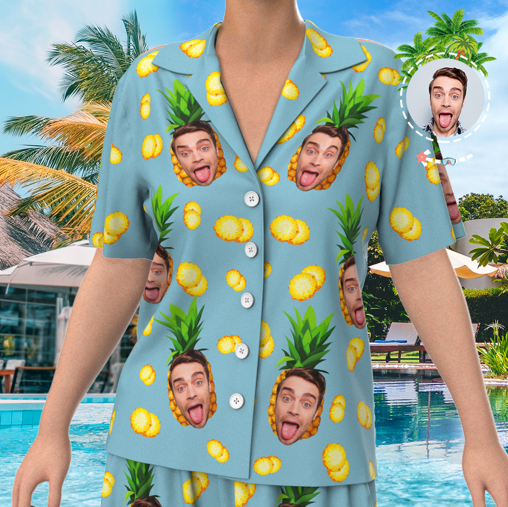 Custom Face On Pajamas Set, Short Sleeve Sleepwear, Button-Down Nightwear - Pineapple - MyFaceSocksAu