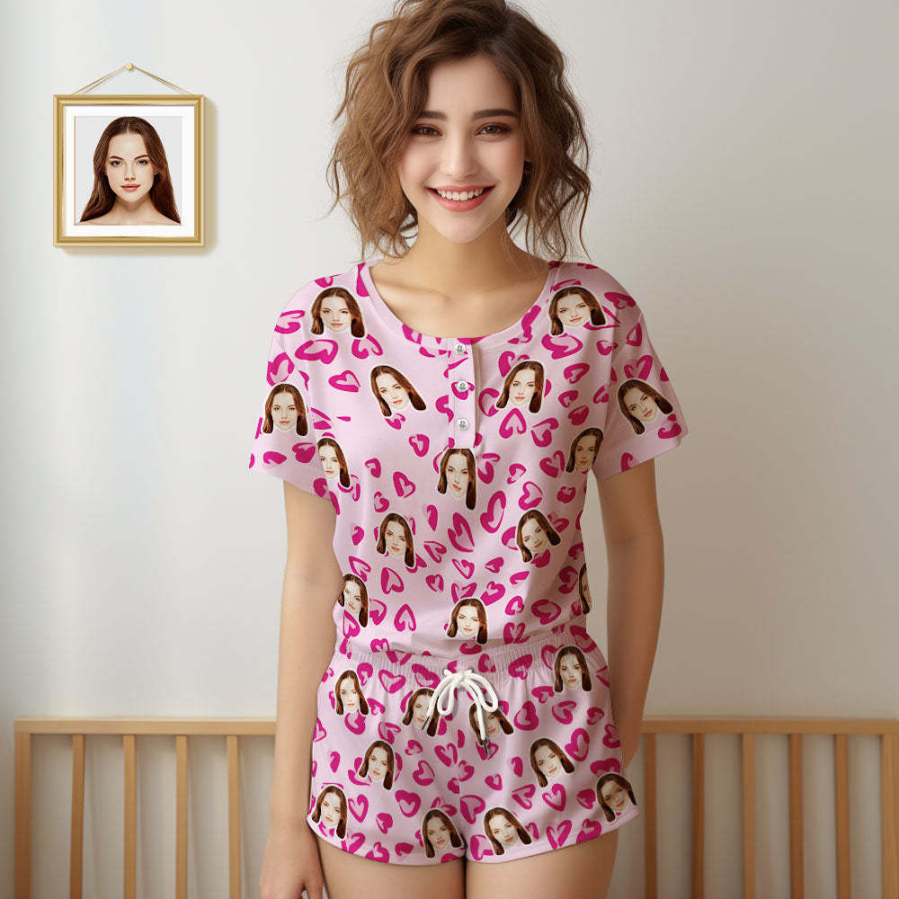 Custom Face Pajamas Women Blue Short Pajama Set Gift Pink Heart - MyFaceSocksAu