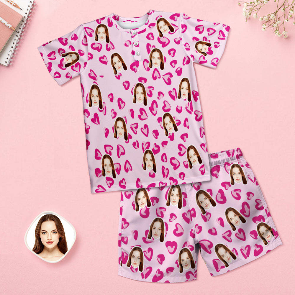 Custom Face Pajamas Women Blue Short Pajama Set Gift Pink Heart - MyFaceSocksAu