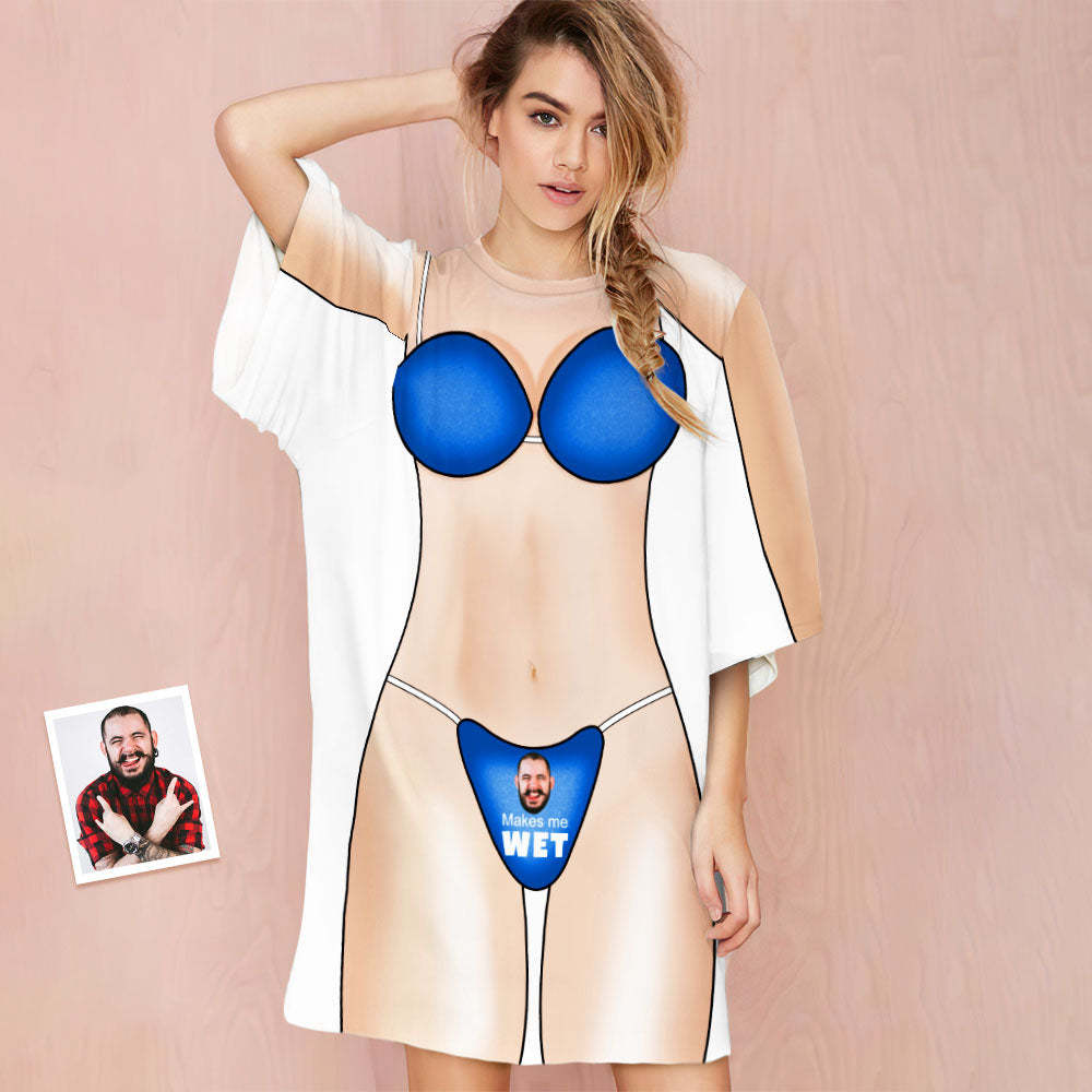 Custom Face Blue Nightdress Makes Me Wet Naughty Personalized Pyjamas - MyFaceSocksAu