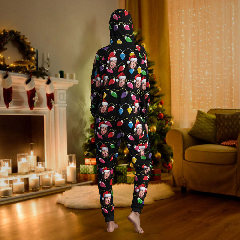 Custom Face Christmas Lights Printed Flannel Fleece Onesie Pajamas Personalized Face Jumpsuit Homewear Christmas Gift - MyFaceSocksAu