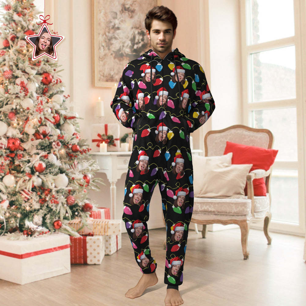 Custom Face Christmas Lights Printed Flannel Fleece Onesie Pajamas Personalized Face Jumpsuit Homewear Christmas Gift - MyFaceSocksAu