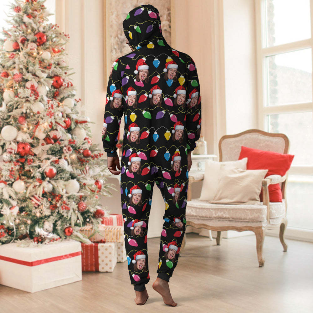 Custom Face Christmas Lights Printed Flannel Fleece Onesie Pajamas Personalized Face Jumpsuit Homewear Christmas Gift - MyFaceSocksAu