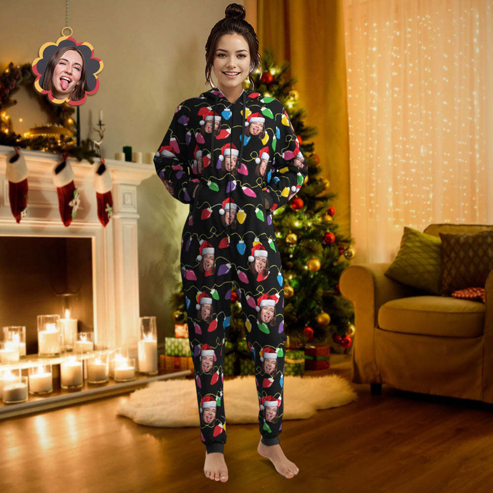 Custom Face Christmas Lights Printed Flannel Fleece Onesie Pajamas Personalized Face Jumpsuit Homewear Christmas Gift - MyFaceSocksAu