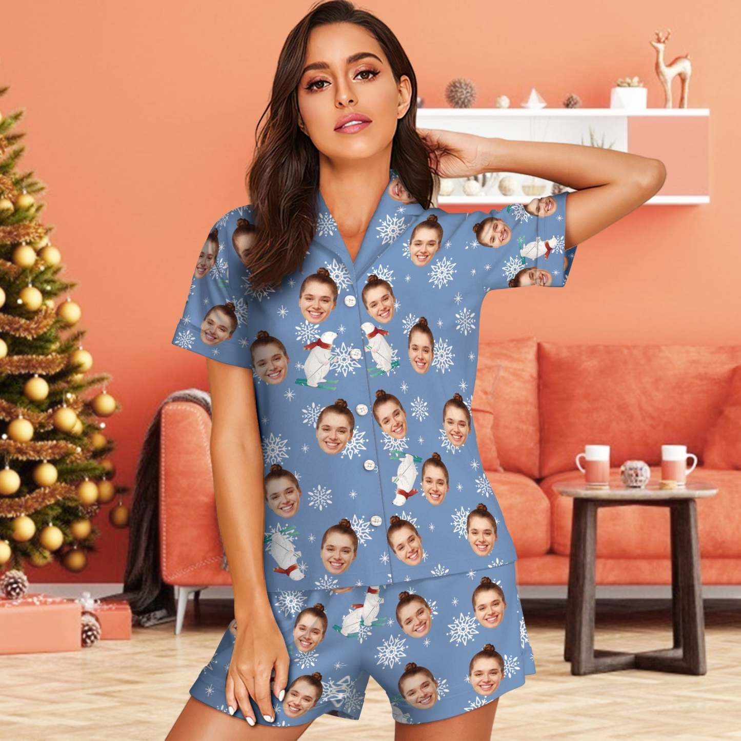 Custom Face Pajamas Blue pajamas Cute Polar Bear Christmas Pajamas - MyFaceSocksAu