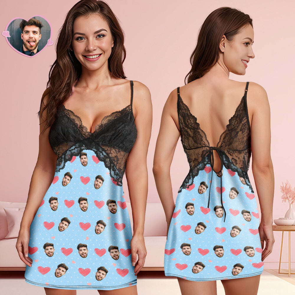 Custom Face Women Lace Sleepwear Pink Heart Personalized Photo Nightwear Valentine's Day Gift - MyFaceSocksAu