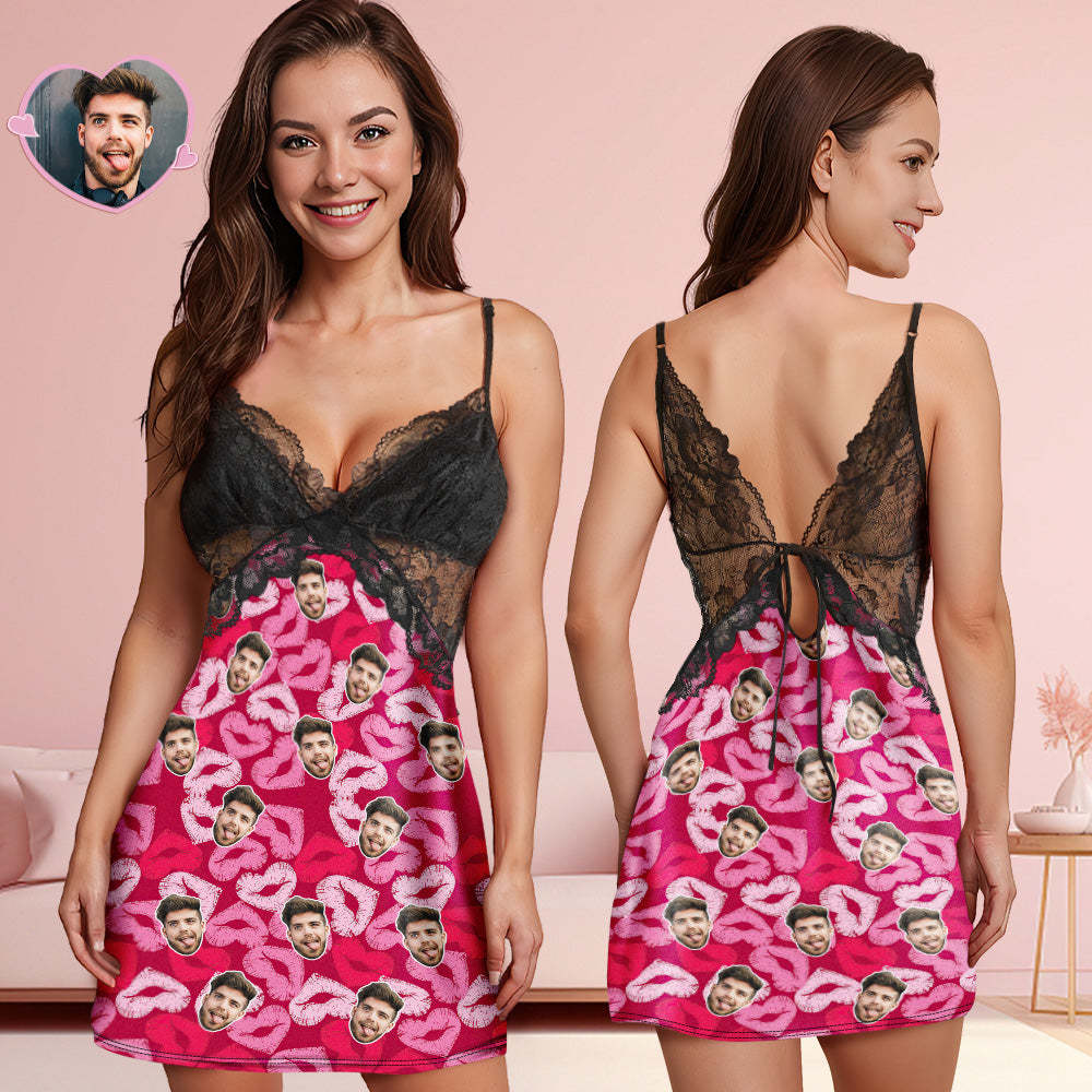 Custom Face Women Lace Sleepwear Lipstick of Love Personalized Photo Nightwear Valentine's Day Gift - MyFaceSocksAu