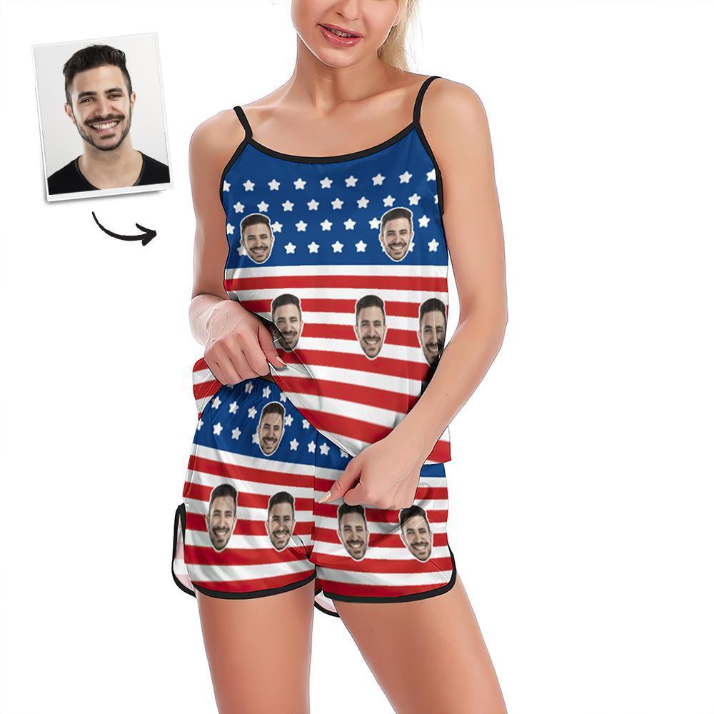 Custom Face Pajamas Suspender Sleepcoat Shorts Lingerie Set Summer Sleepwear - USA Flag - MyFaceSocksAu