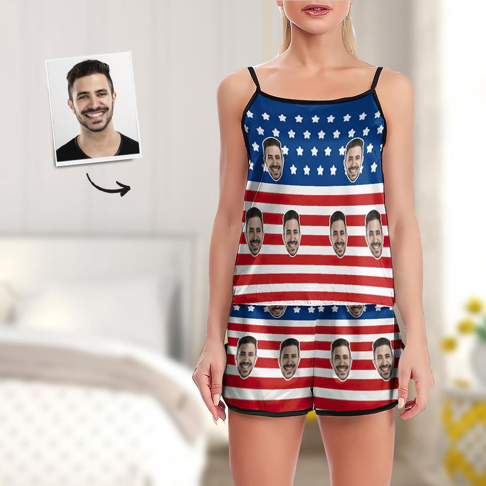 Custom Face Pajamas Suspender Sleepcoat Shorts Lingerie Set Summer Sleepwear - USA Flag - MyFaceSocksAu