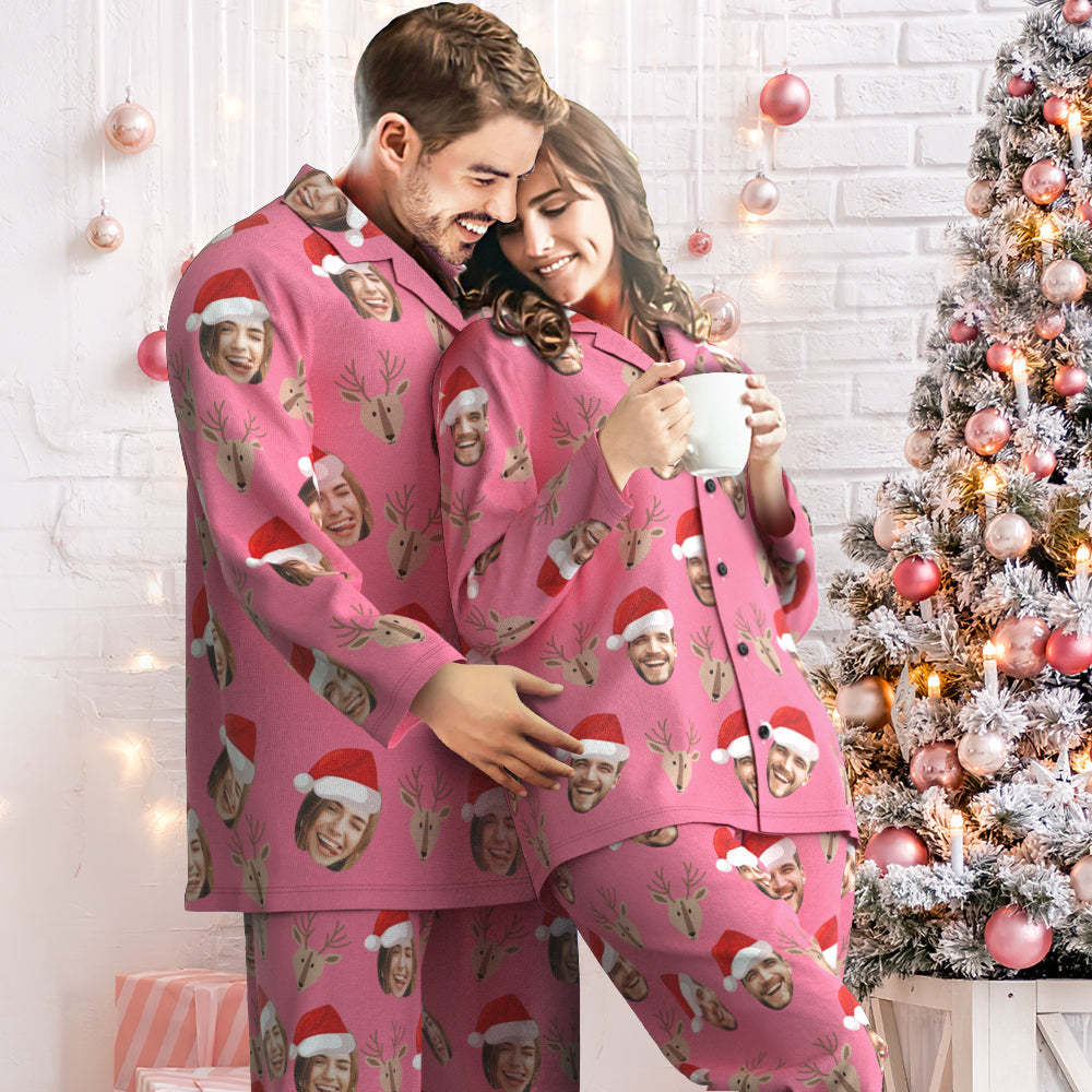 Custom Face Deer Pajamas Personalized Pink Pajamas Women Men Set Christmas Gift - MyFaceSocksAu