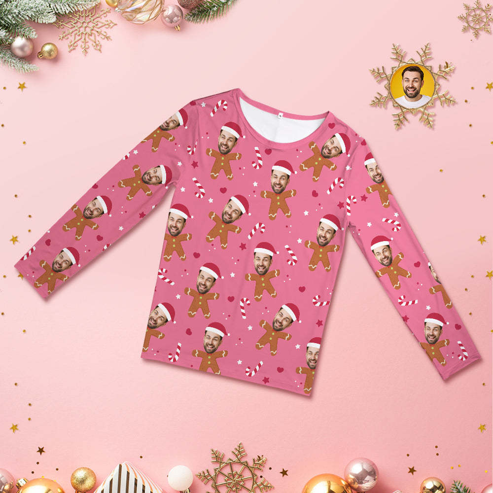 Custom Face Pink Pajamas Personalized Round Neck Gingerbread Christmas Pajamas For Women And Men - MyFaceSocksAu