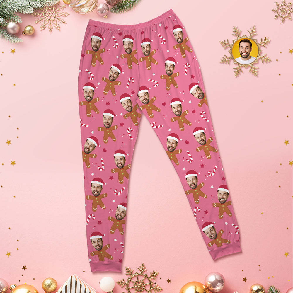 Custom Face Pink Pajamas Personalized Round Neck Gingerbread Christmas Pajamas For Women And Men - MyFaceSocksAu