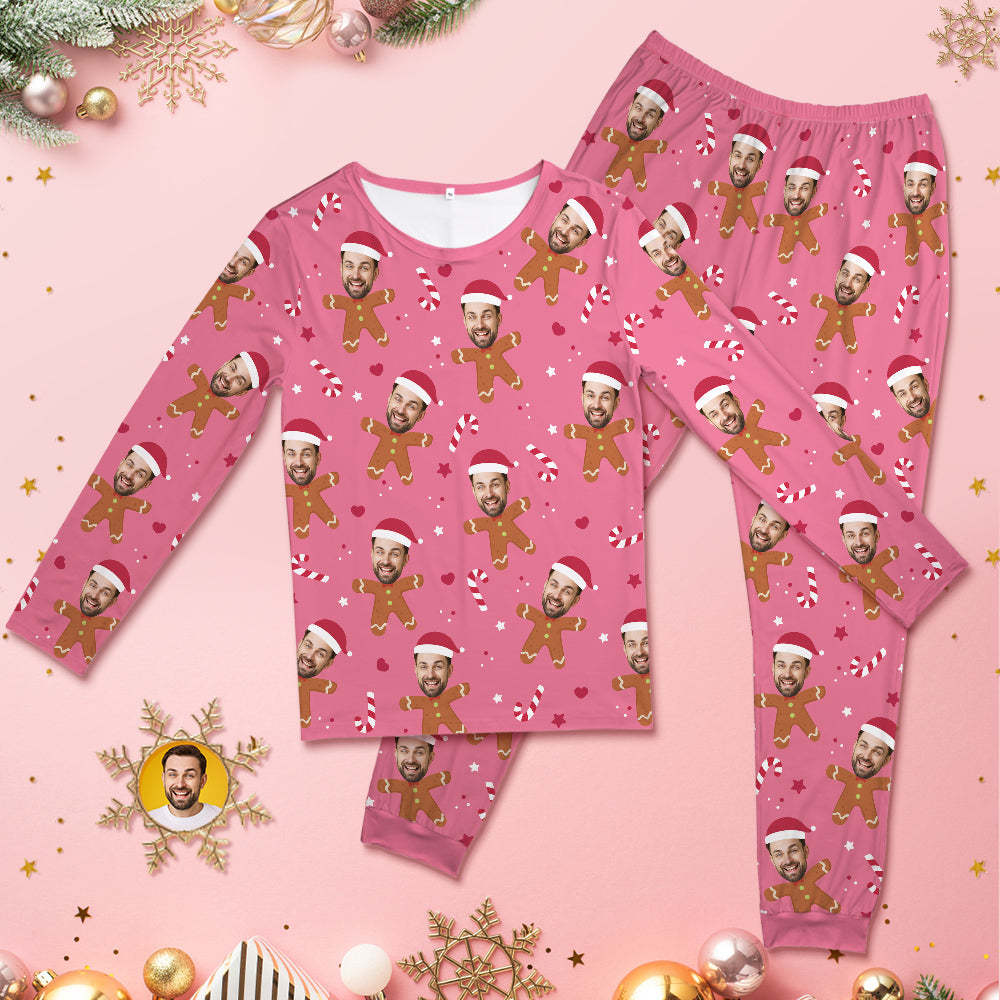 Custom Face Pink Pajamas Personalized Round Neck Gingerbread Christmas Pajamas For Women And Men - MyFaceSocksAu