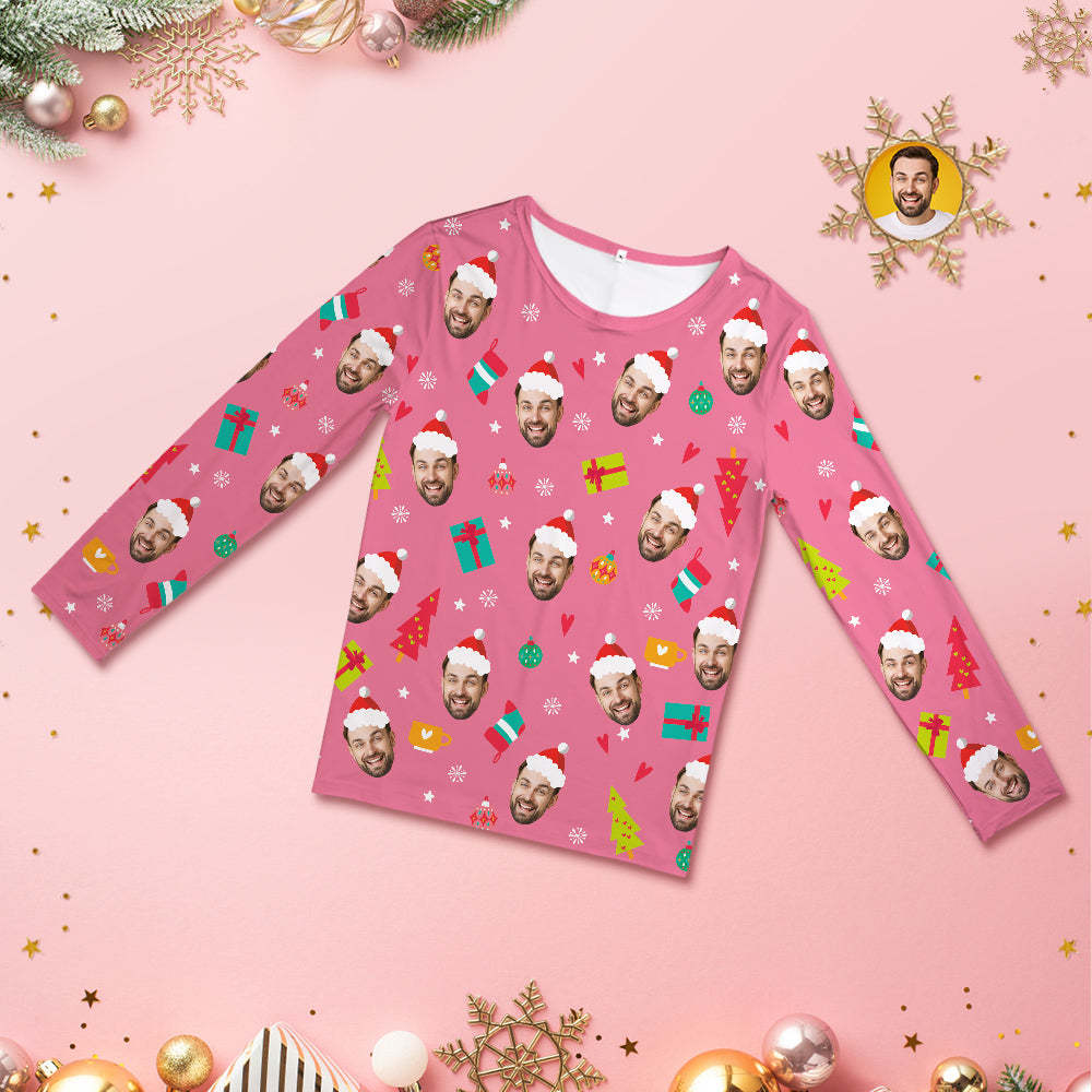 Custom Face Pink Pajamas Personalized Round Neck Funny Christmas Pajamas For Women And Men - MyFaceSocksAu