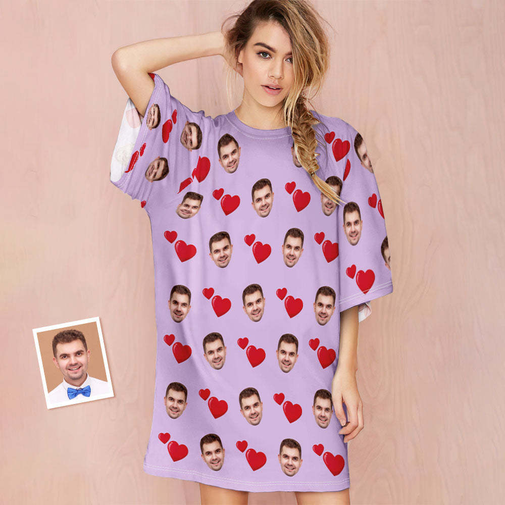 Custom Photo Face Nightdress Personalised Women's Oversized Nightshirt Heart Design Gifts - MyFaceSocksAu