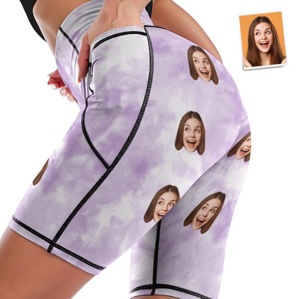Custom Face Knee Length Tights Women's Yoga Shorts Running Leggings with Pockets - Light Purple Tie dye - MyFaceSocksAu