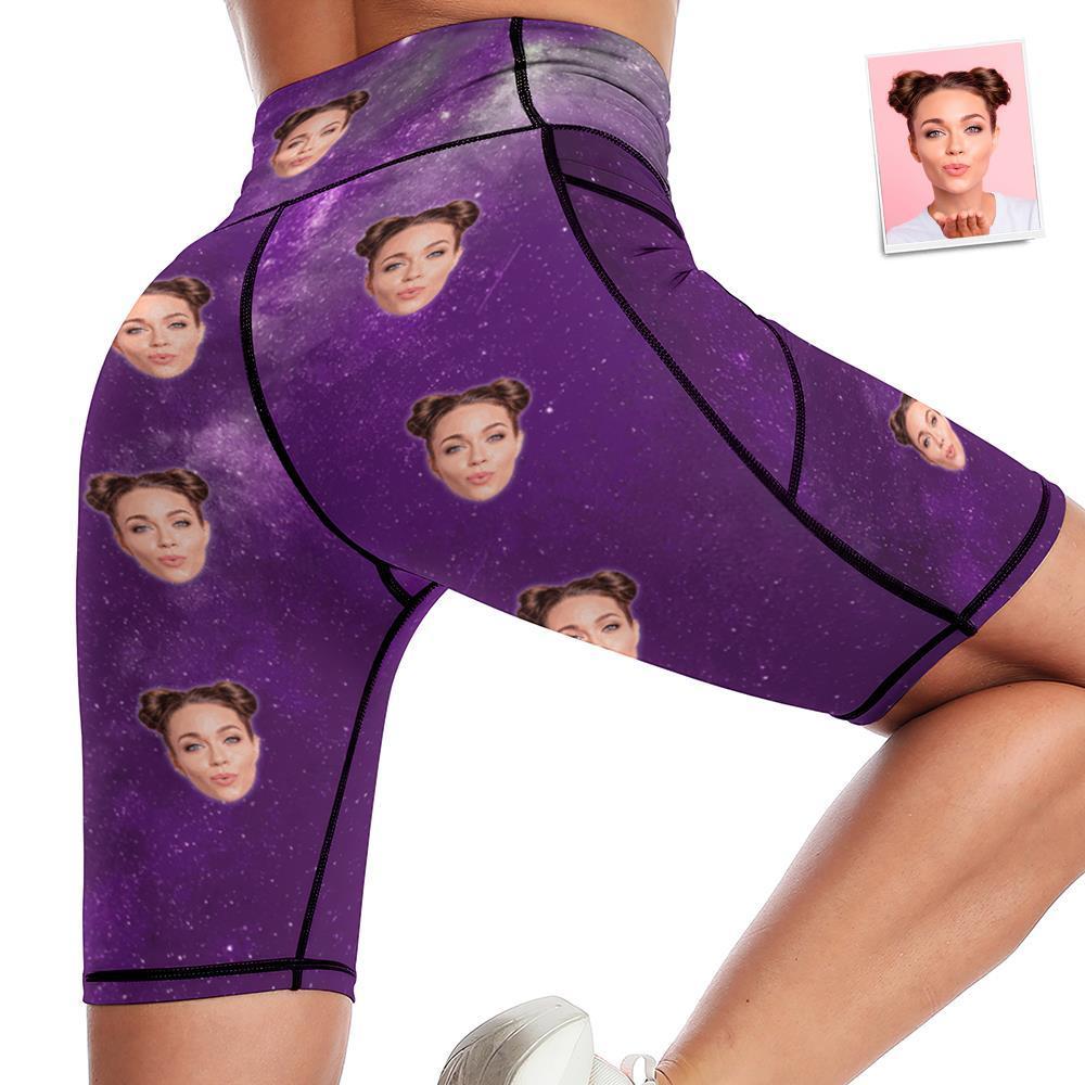 Custom Face Knee Length Tights Women's Yoga Shorts Running Leggings with Pockets - Galaxy - MyFaceSocksAu