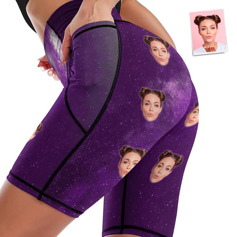 Custom Face Knee Length Tights Women's Yoga Shorts Running Leggings with Pockets - Galaxy - MyFaceSocksAu